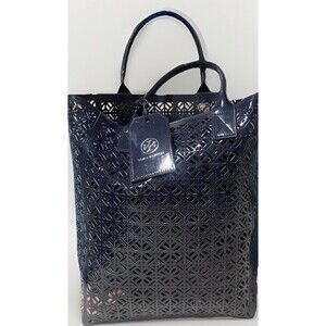 Tory Burch Navy Laser Cut PVC Patent Tote Shopper Beach Bag Geometric Large